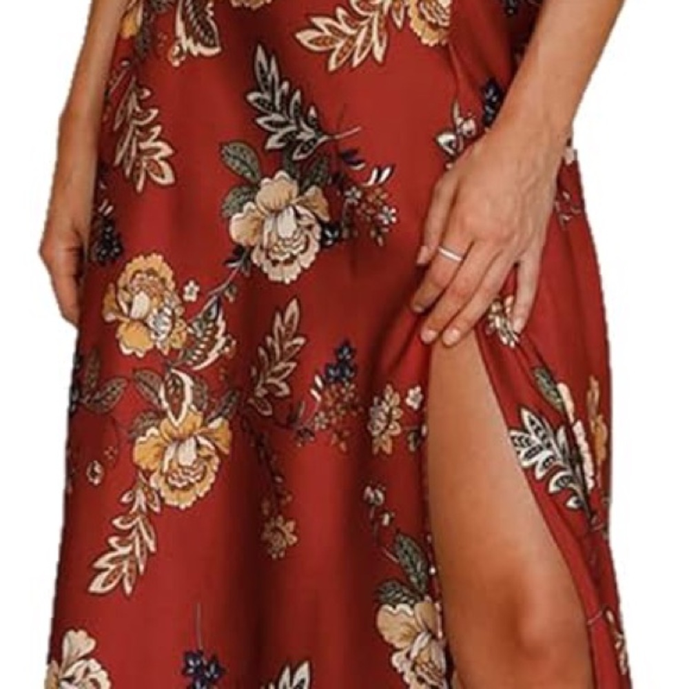 Floral Red Midi Dress with Slit